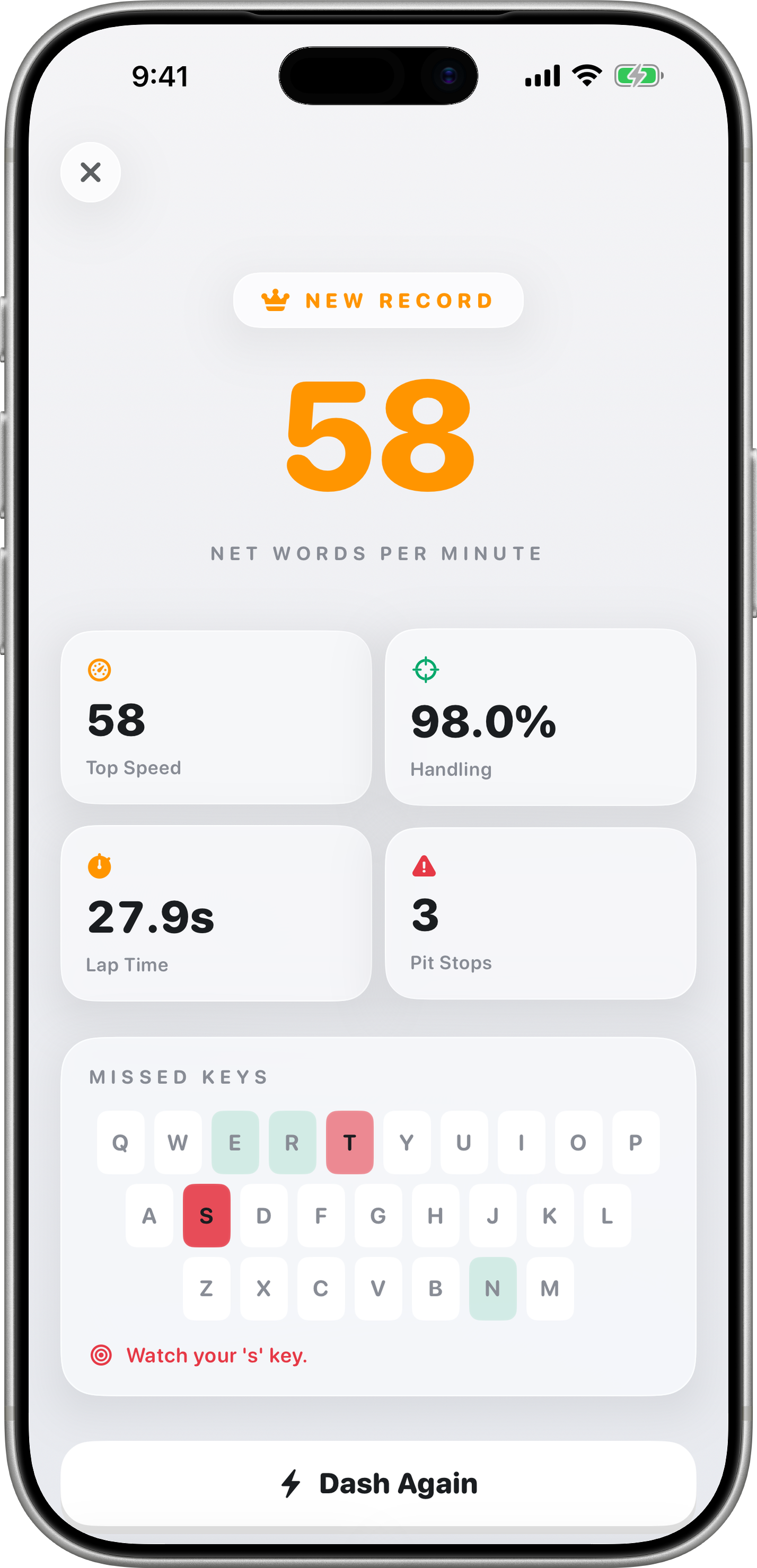Scorecard showing WPM and virtual keyboard missed-key error heatmap